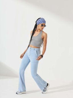 DOLCE CRUDO - Women's Light Blue Bootcut High rise Clean look Stretchable Denim Jeans