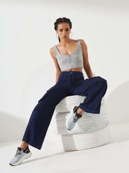 DOLCE CRUDO - Women's Navy Blue Wide leg High rise Clean look Stretchable Denim Jeans