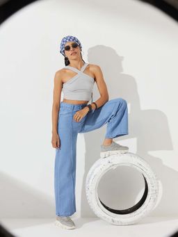 DOLCE CRUDO - Women's Light Blue Straight Regular-Length Non-Stretchable Denim Jeans