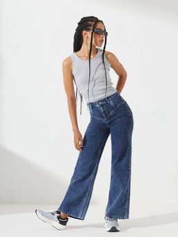 DOLCE CRUDO - Women's Blue Clean Look Stretchable Denim Wide-Leg Shaping Jeans