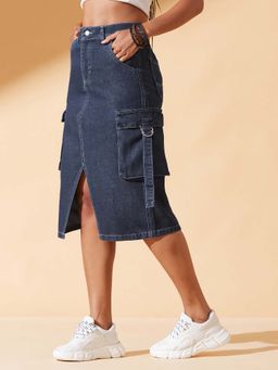 DOLCE CRUDO - Women Blue Straight High Rise Clean Look Denim Skirt