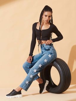 DOLCE CRUDO - Women's Light Blue Slim Fit High Rise Stretchable Denim Jeans