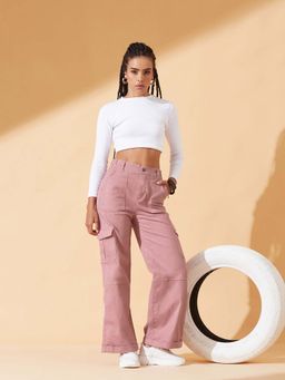 DOLCE CRUDO - Women's Rose Pink Wide-Leg Regular-Length Stretchable Denim Pants