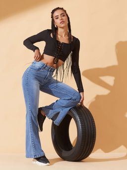 DOLCE CRUDO - Women's Blue Bootcut Mid Rise Heavy Wash Stretchable Denim Jeans
