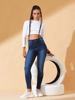 DOLCE CRUDO - Women's High-Rise Navy Blue Skinny Jeans with Mild Distress