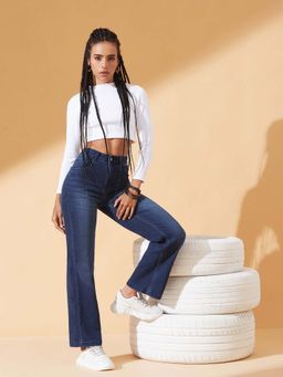 DOLCE CRUDO - Women's Navy Blue Clean-Look Regular-Length Stretchable Denim Jeans