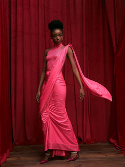 ITRH - Neon Pink Bodysuit with Ruched Skirt having attached Pallu (Set of 2)