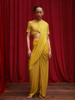 ITRH - Yellow Crystal Embellished Blouse with Ruched Skirt and Detachable Drape (Set of 3)