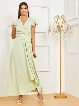 Styli - Green Short Flare Sleeves Pleat Detail Wrap Front Maxi Dress