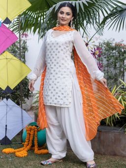 Lavanya The Label - White Mukaish Patiyala Suit With Orange Leheriya Dupatta (Set of 3)