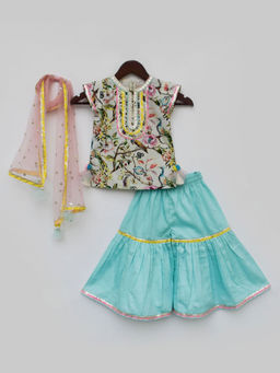 Fayon Kids - Peacock Printed Kurti with Blue Sharara and Dupatta (Set of 3)