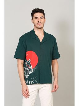 Selfusion - Men's Dark Green Graphic Printed Cuban Collar Casual Shirt