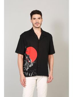 Selfusion - Men's Black Graphic Printed Cuban Collar Casual Shirt