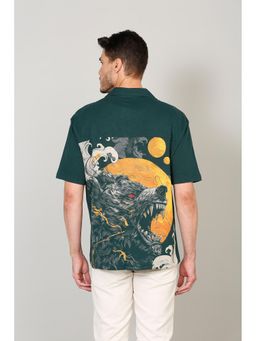 Selfusion - Men's Emerald Green Tiger and Wolf Graphic Printed Cuban Collar Shirt