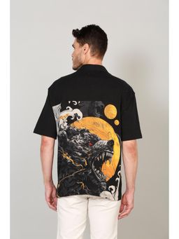 Selfusion - Men's Black Tiger and Wolf Graphic Printed Cuban Collar Shirt