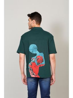 Selfusion - Men's Dark Green Cuban Collar Graphic Print Shirt Detail