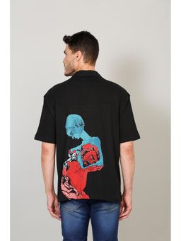 Selfusion - Men's Black Cuban Collar Graphic Print Shirt Detail