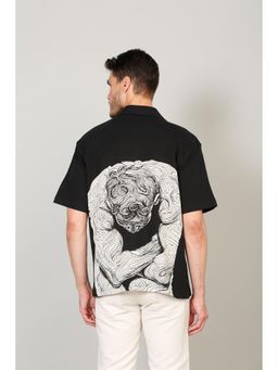 Selfusion - Men's Black Cuban Collar Artistic Back Graphic Print Shirt