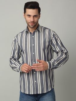 Selfusion - Slate Grey and Cream Bold Striped Long Sleeve Shirt