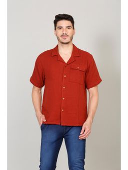 Selfusion - Terracotta Textured Short-Sleeve Resort Shirt.