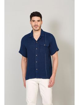 Selfusion - Navy Blue Textured Resort Shirt
