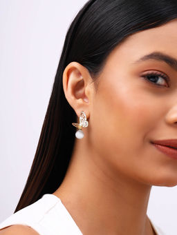 Priyaasi - Butterfly Design Grey Beads Gold Plated Drop Earrings
