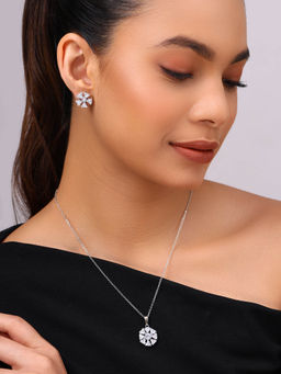 Priyaasi - Ad Silver Plated Floral Style Pendant with Mini Blooming Earrings Jewellery Set