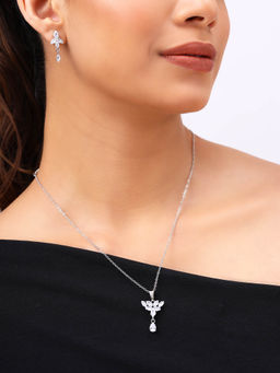 Priyaasi - Floral Drop Shape Silver Plated Pendant with Earrings Jewellery Set