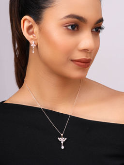 Priyaasi - Floral Drop Shape Rose Gold Plated Pendant with Earrings Jewellery Set