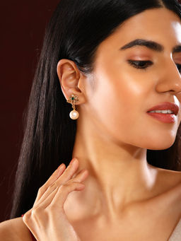 Priyaasi - Flower Multi Stoned Design Pearl Drop Gold Plated Earrings