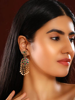 Priyaasi - Peacock Pattern Multi Stone Pearl Tassels Gold Plated Earrings