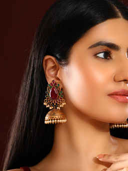 Priyaasi - Ruby Stone Floral Design Temple Style Gold Plated Jhumkis Earrings