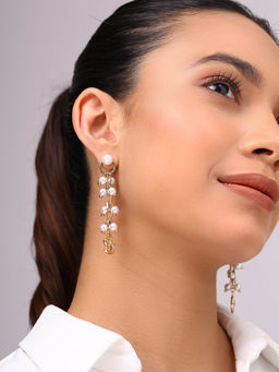 Priyaasi - Sea Shell Pearl Design Gold Plated Drop Statement Earrings