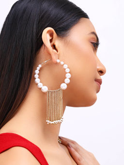 Priyaasi - White Pearl Hoops with Tassels Gold Plated Statement Earrings