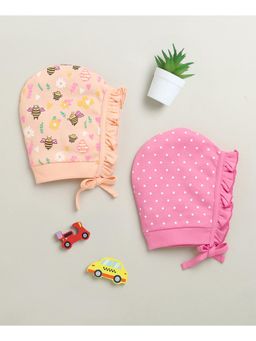 Bumzee - Peach & Pink Girls Cotton Bonet Cap (Pack of 2)