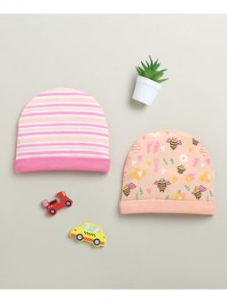 Bumzee - Peach & Pink Girls Cotton Round Cap (Pack of 2)