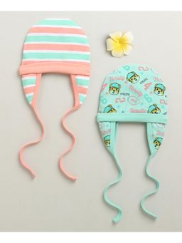 Bumzee - Mint Green & Multi Boys Cotton Cap With Ear Flap (Pack of 2)