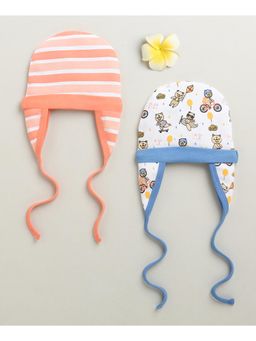 Bumzee - White & Multi Boys Cotton Cap With Ear Flap (Pack of 2)