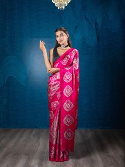 EXCLUSIVA - Pink Satin Crepe Digital Print Saree with Unstitched Blouse