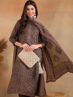 Vaamsi - Brown Rayon Blend Ethnic Motifs Printed Straight Kurta with Pant and Dupatta (Set of 3)