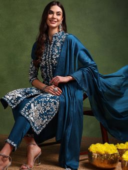 Vaamsi - Women Teal Silk Blend Embroidered Kurta with Pant and Dupatta (Set of 3)