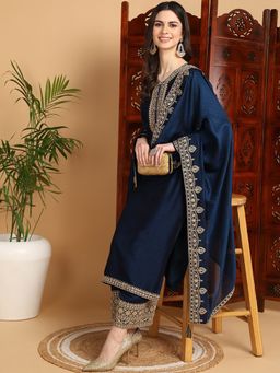 Vaamsi - Women Navy Blue Silk Blend Embroidered Kurta with Palazzo and Dupatta (Set of 3)