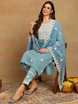 Vaamsi - Women Blue Silk Blend Embroidered Kurta with Pant and Dupatta (Set of 3)