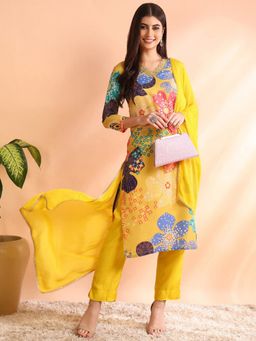 Vaamsi - Women Yellow Cotton Blend Floral Straight Kurta and Pant with Dupatta (Set of 3)