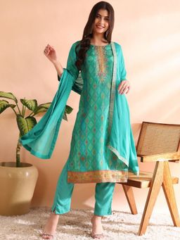 Vaamsi - Women Sea Green Woven Design Straight Kurta and Pant with Dupatta (Set of 3)