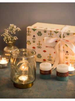 Fabindia - White Dhaani Glass Etched Tea Light Holder Gift Set