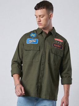 Bewakoof - Official Disney Men's Green Mickey Badge Graphic Printed Oversized Shirt
