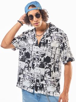 Bewakoof - Men's White & Black All Over Printed Oversized Shirt