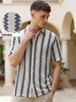 Bewakoof - Men's Off White & Blue Textured Oversized Shirt