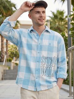 Bewakoof - Men's Blue Stay Wild Checked Oversized Shirt